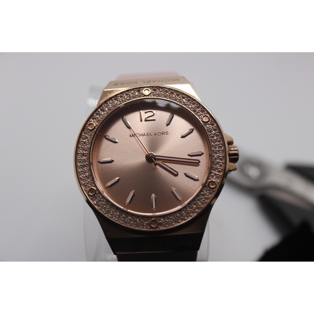 Michael Kors MK-7282 Lennox Rose Gold Tone Pave Bezel Pink Silicone Strap Watch